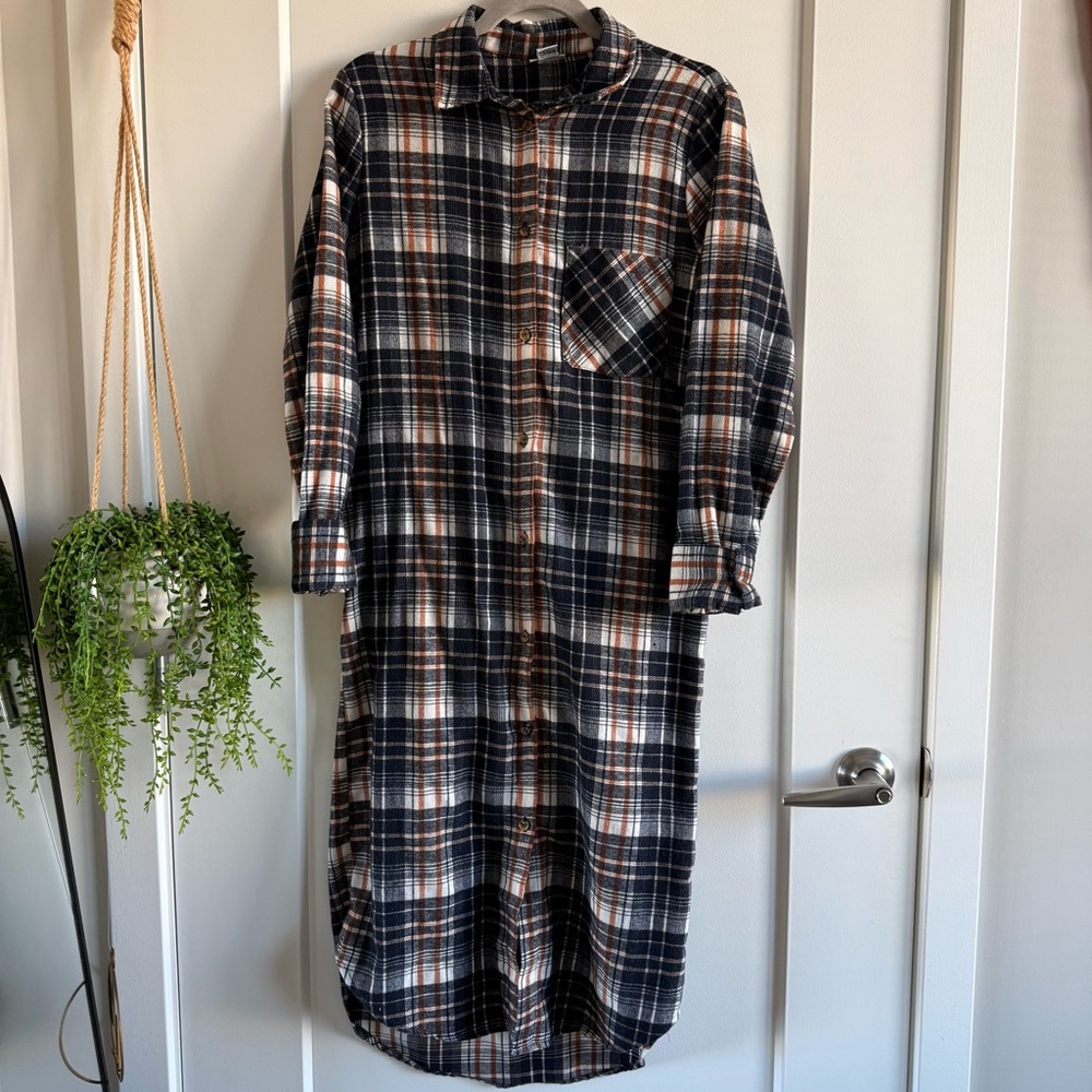 Navy & Copper Plaid Flannel Button-Up Shirt Dress